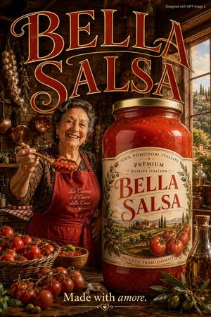 Rustic Italian Food Advertisement — A warm {argument name="product" default="Italian tomato sauce"} advertisement poster. A cheerful Italian grandmother in a cl