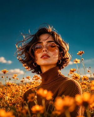 Golden Hour Wildflower Portrait — Wide environmental portrait, {argument name="subject description" default="woman in brown turtleneck"} standing in {argument n
