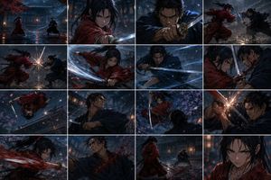 Rainy Samurai Duel Storyboard — Goal: Create a 4-by-4 storyboard contact sheet of a cinematic anime samurai duel, designed as separa…