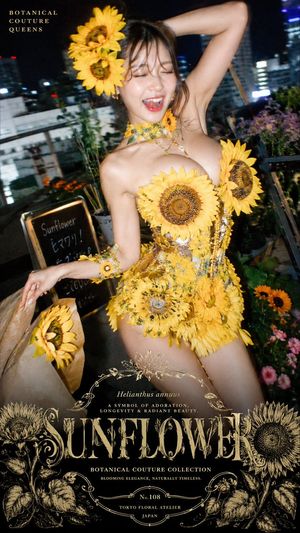 Sunflower Couture Botanical Poster — Goal: Create a vertical luxury fashion editorial poster for a fictional floral couture brand, featur…