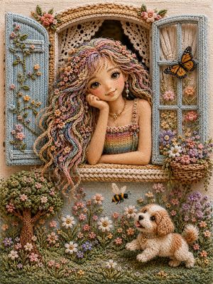 Handcrafted 3D Embroidery Scene — Handcrafted 3D embroidered scene of a whimsical girl leaning from an open window, doll-like face with {argument name="eye colo
