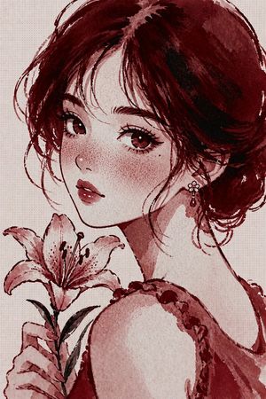 Censored Burgundy Watercolor Portrait — Create a vertical watercolor portrait illustration of a graceful woman in profile from the shoulders up, facing right, w