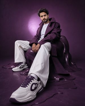 Avant-Garde Purple Fashion Editorial — Hyper-realistic avant-garde fashion editorial of the {argument name="subject" default="uploaded pers…