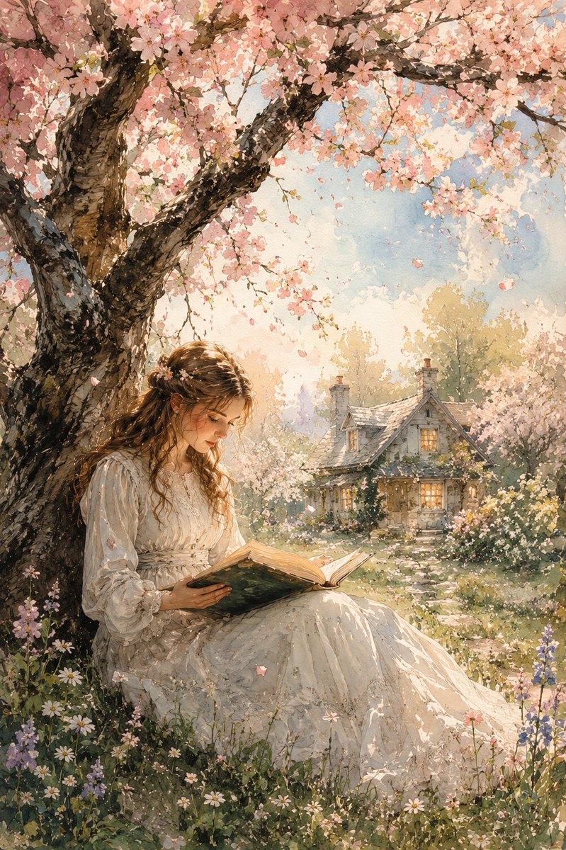 Springtime Watercolor Reading Scene