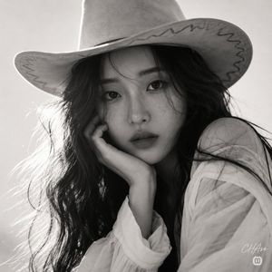 Monochrome Western Cowgirl Portrait — [인물] 이미지 1, 이미지 2참조 [싸인] 우측하단에는 Meta가 운영하는 Threads 로고가 작게 위치하고, 그 위에 흰색 필기체로 "{argument name="서명" default="CHAse"}"라고 싸인처럼
