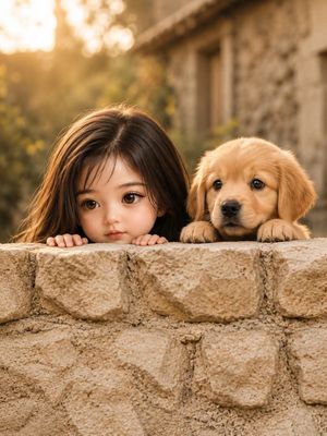 Girl and Puppy Over Stone Wall AI image template preview