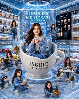 Ingrid Ice Storage Café Fantasy Scene — Goal: Create a whimsical cinematic luxury ice-blue café scene starring {argument name="character nam…