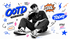 Blue Graffiti OOTD Sticker Poster — Create a wide sticker-style fan poster featuring {argument name="character name" default="a young ma…