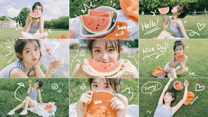 Summer Watermelon Doodle Collage — Goal: Create a playful summer lifestyle photo collage featuring {argument name="character descriptio…