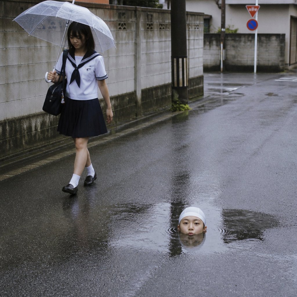Rainy Street Schoolgirl and Puddle Head