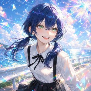 Sparkling Seaside Anime Album Cover — Create a square anime-style music cover illustration of {argument name="character name" default="Jemimi"}, a sparkling sum