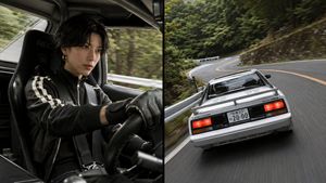 Split-Screen MR2 Touge Drive — Create a cinematic two-panel automotive action photograph in a 16:9 horizontal frame, split exactly down the center by a thin ver