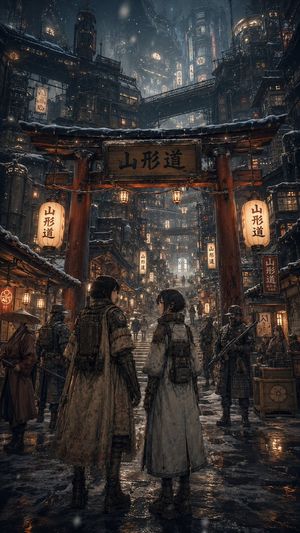 Snowy Cyberpunk Yamagata Gate — Create a highly detailed vertical cinematic concept art scene set in a snowy cyberpunk Japanese mountain city at night. The view