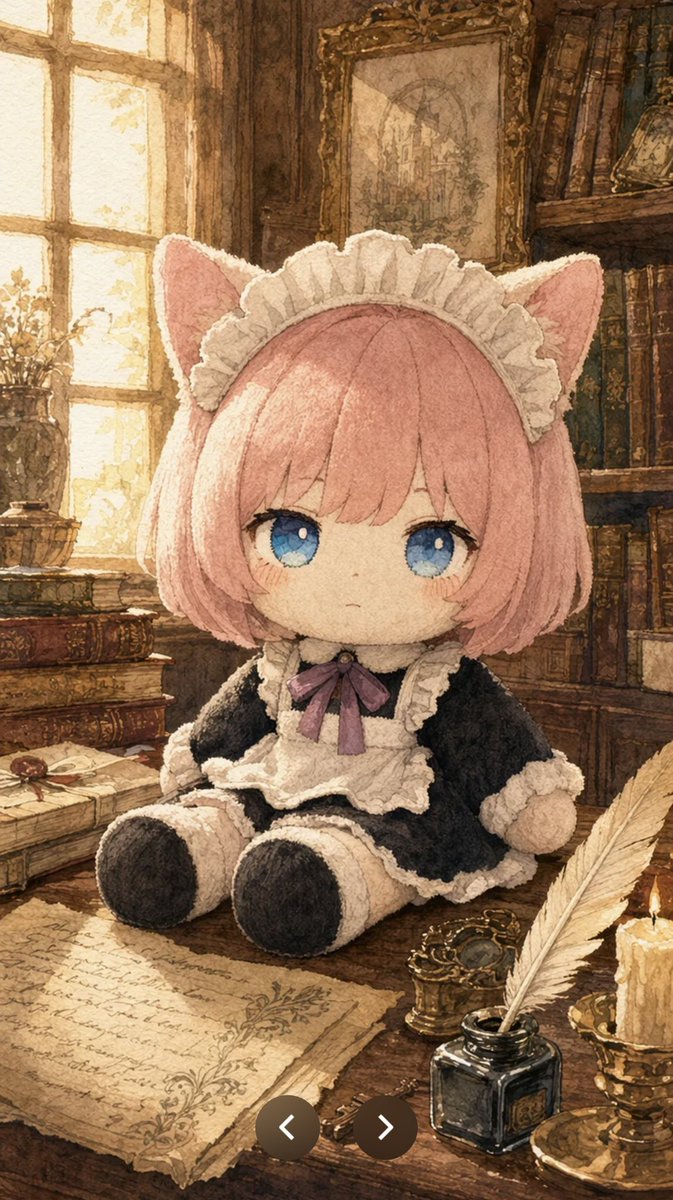 Plush Cat Maid Doll in Antique Library