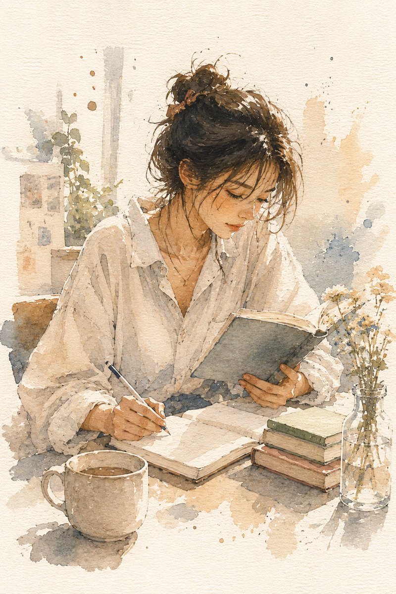 Minimalist Watercolor Reading Scene
