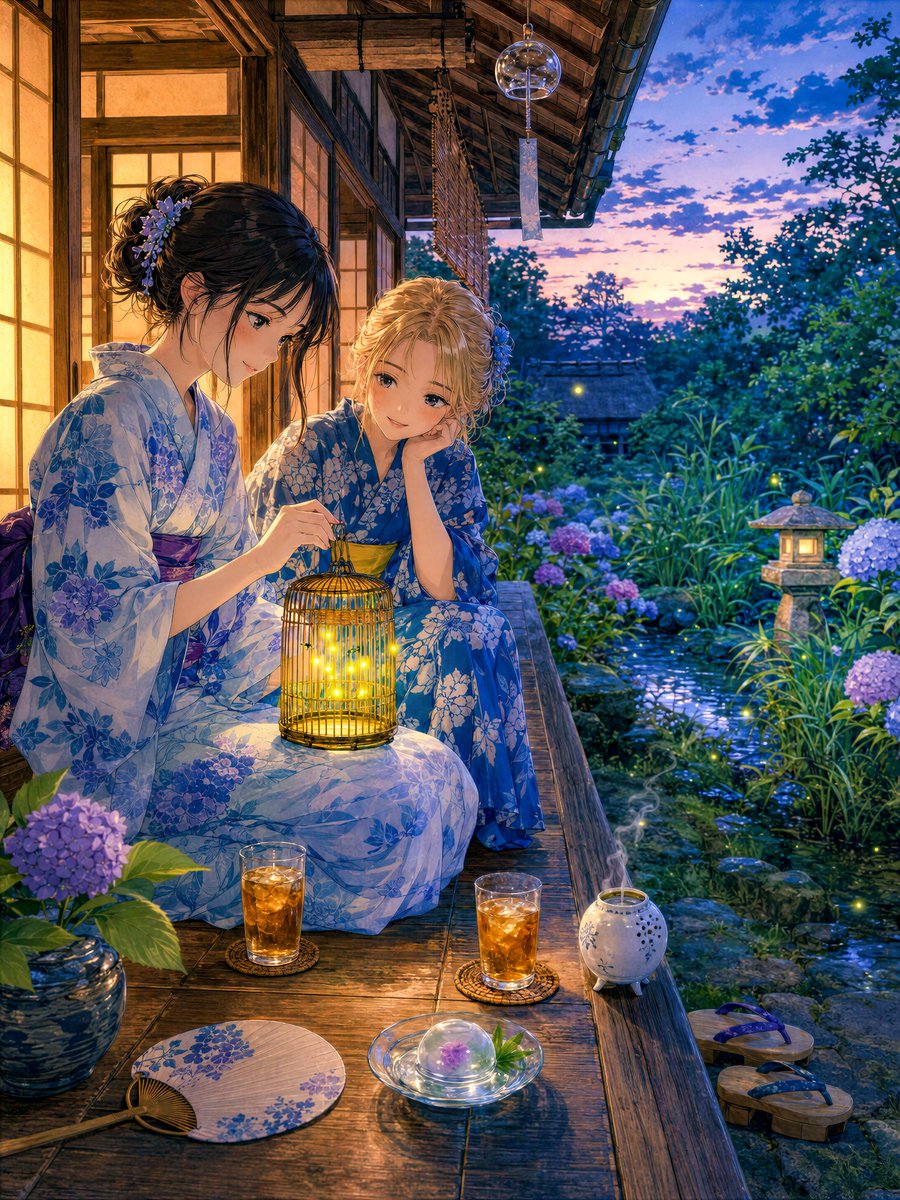 Girl Watching Fireflies on a Summer Veranda
