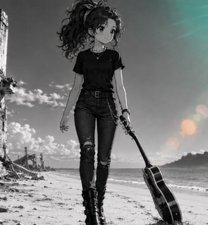 Dragging Guitar on Beach Walk AI image template preview