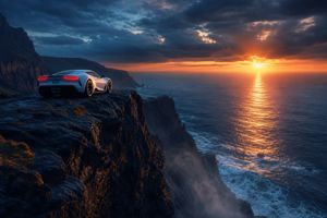 Sports Car on Ocean Cliff at Sunset AI image template preview