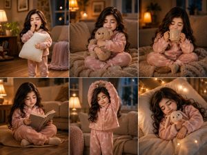 Cozy Six-Panel Bedtime Stages Collage — Goal: Create a cozy 6-panel lifestyle photo collage showing the stages of trying to fall asleep on a…
