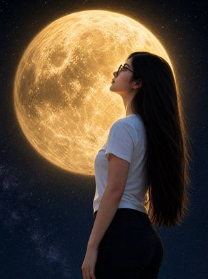 Woman Gazing at Giant Golden Moon AI image template preview