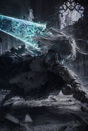 Cyan Clockwork Battle Maid — Create a dramatic dark fantasy anime illustration of {argument name="character name" default="a silver-haired battle maid"} lunging