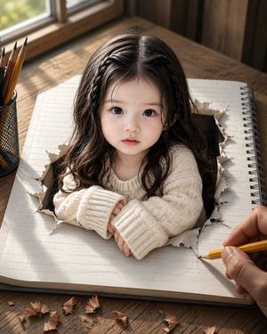 Girl Emerging From Torn Notebook — Create an ultra-realistic surreal portrait on a vertical 4:5 canvas: a tiny {argument name="child subject" default="young Eas