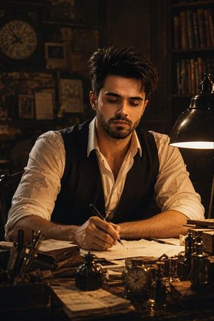 Vintage Writer Cinematic Portrait — Use my uploaded face image as the primary identity reference. Preserve my exact facial features, beard, hair texture, skin t