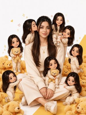 Realistic Person with Chibi Miniatures — Transform the photo into the same visual style as the reference image, not a 3D render. Create one life-size realistic 