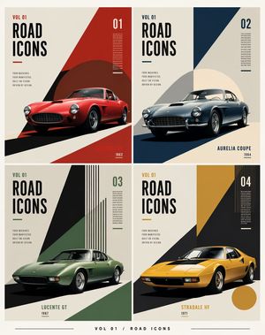 Constructivist Classic Car Editorial Grid — Goal: Create a constructivist editorial poster grid for {argument name="series title" default="ROAD…