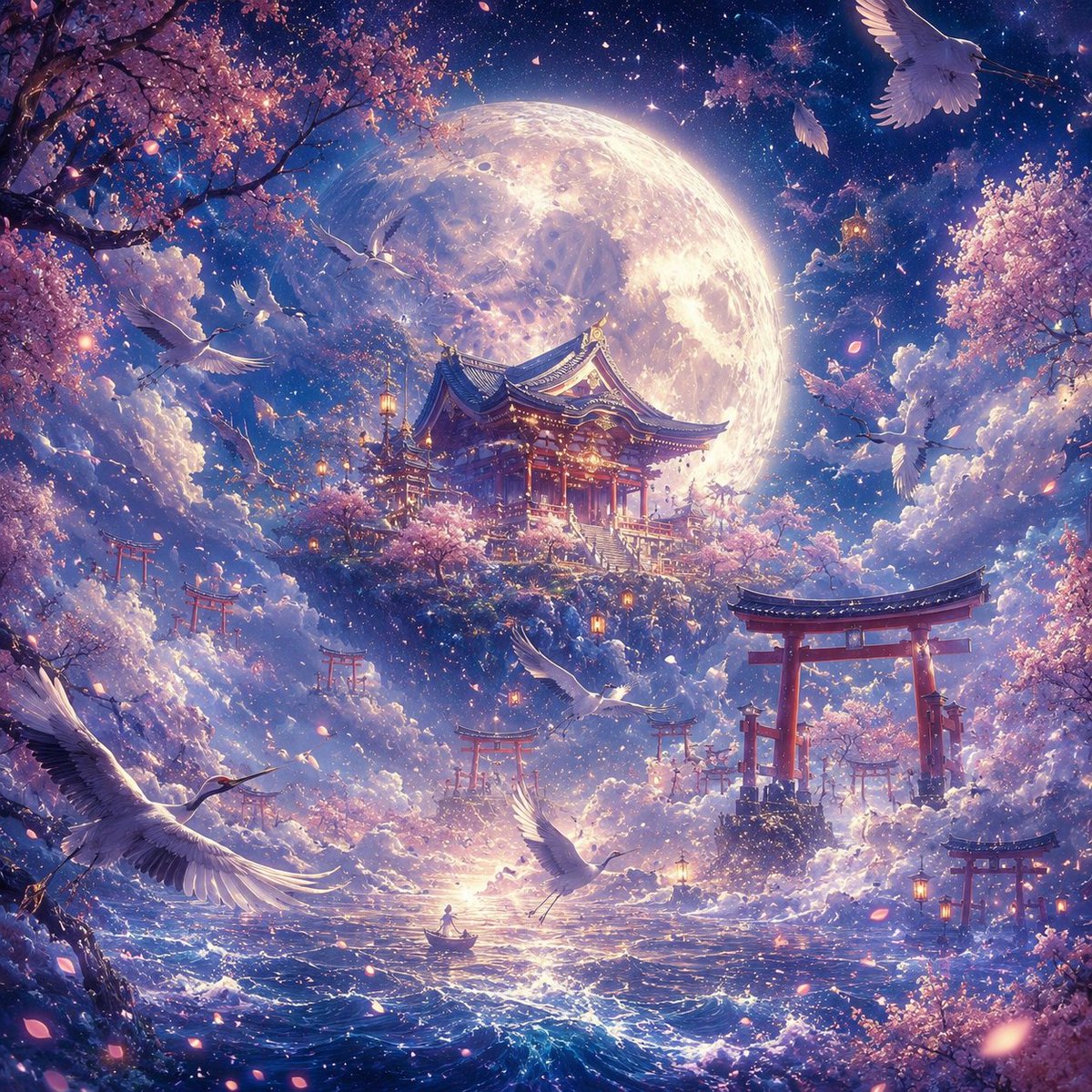 Moonlit Sakura Shrine Fantasy