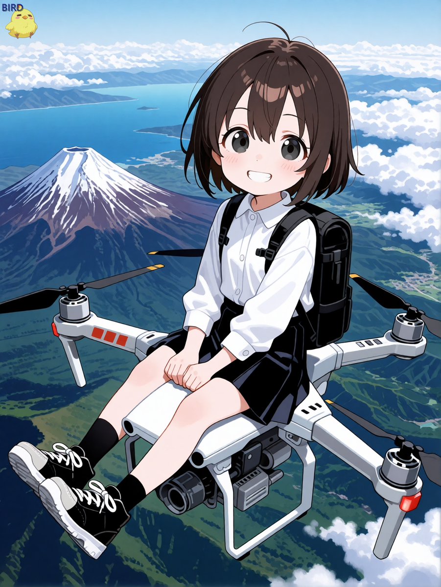 Anime Girl Riding Drone Over Mount Fuji