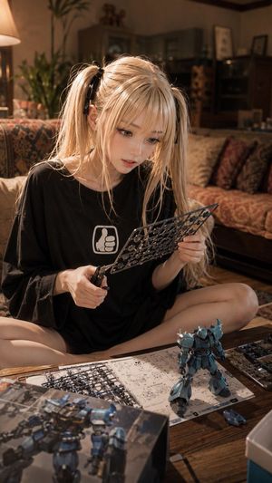 Anime Girl Building Fictional Mecha Model — Create a photorealistic vertical 2:3 image of {argument name="character name" default="Emilia"}, a young anime-inspi