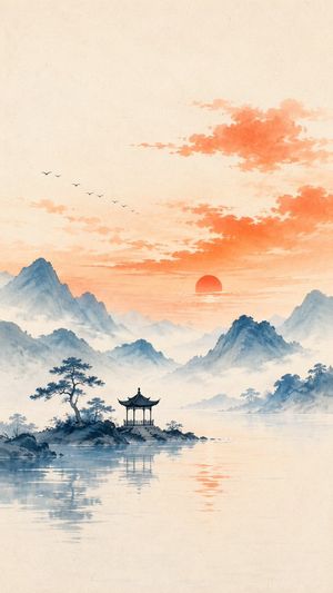 Oriental Zen Minimalist Landscape Illustration — 主题方向：东方禅意极简插画
风格分支：高对比传播型
主体内容：{argument name="主体内容" default="一座小亭静置在山水之间"}
情绪母题：明快、清远、诗意
场景与意象：{argument name=