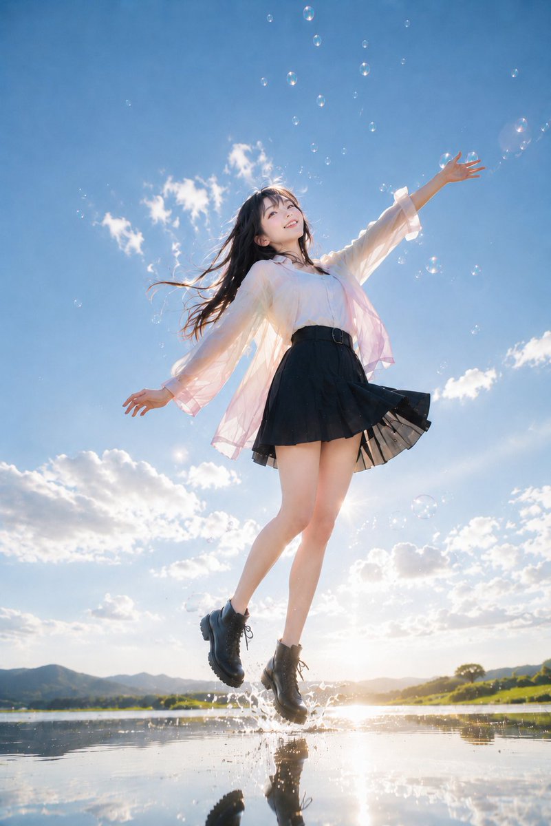 Sunlit Lakeside Jumping Girl