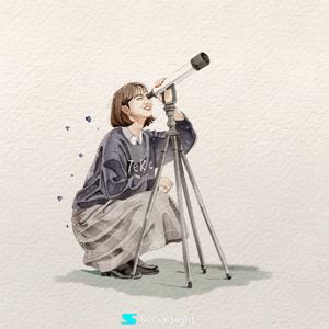 Watercolor Illustration of Woman with Telescope — A delicate hand-painted watercolor illustration on textured ivory cotton paper, featuring a cheerful young wom