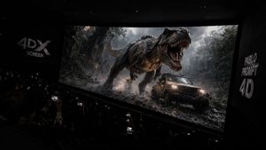 Immersive 4DX Cinema Scene — Ultra realistic cinematic {argument name="theater type" default="4DX theater"} scene, wide angle shot from inside a {argument name=