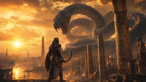 Egyptian Hero vs Giant Serpent — Create a cinematic fantasy online-game key art scene set in an ancient Egyptian mythological city at sunset. In the foreground,