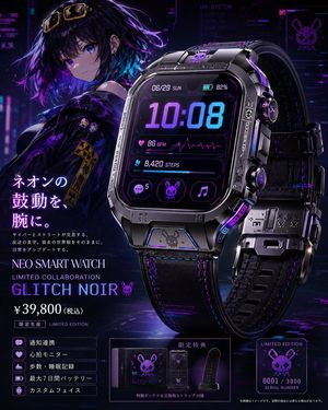 Cyberpunk Limited Smartwatch Poster — Goal: Create a premium official-looking product page visual for a limited collaboration smartwatch t…