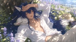 Wolf Boy Summer Meadow Nap — Create a highly detailed cinematic anime illustration in a soft romantic fantasy style, widescreen 16:9. Show {argument name="chara