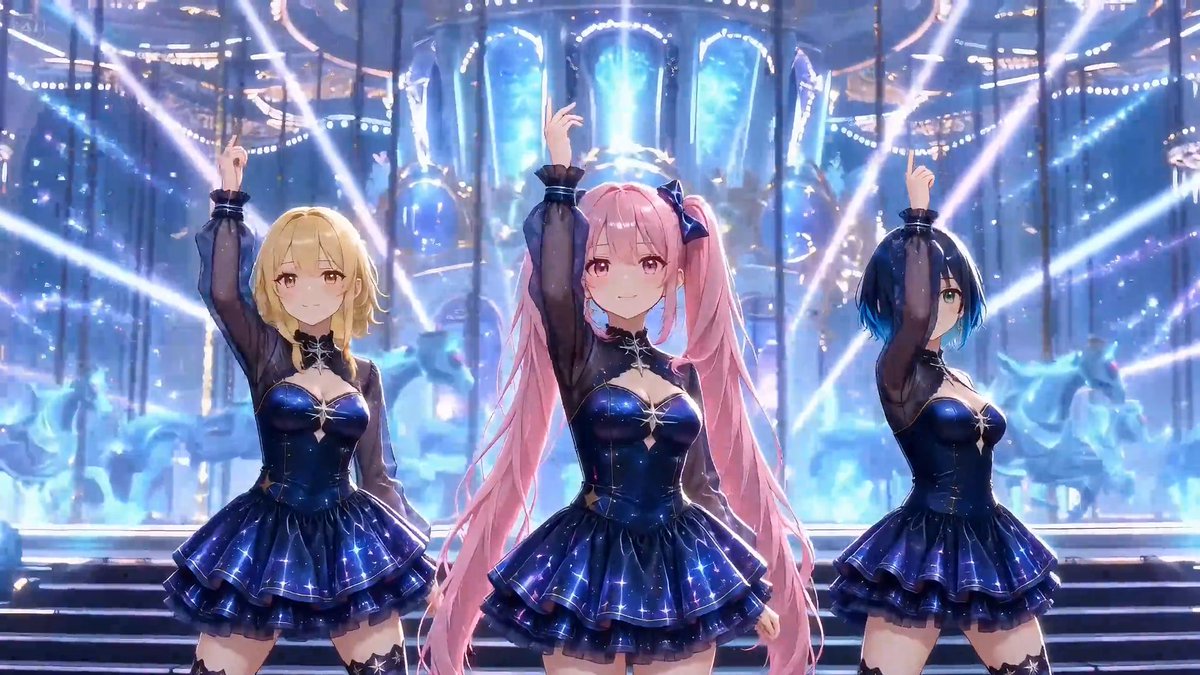 Three Holographic Anime Idols on Stage