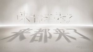 Shadow Text Installation Art — Create a wide cinematic photograph of a minimalist contemporary installation artwork in a white gallery room. The scene shows doz