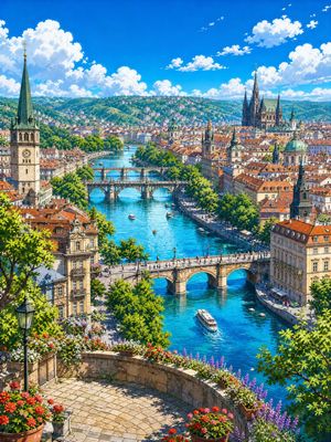 Sunlit Riverside City Fantasy — Create a vibrant 4k anime-style fantasy travel landscape of a sunlit European riverside city viewed from a high flower-filled te