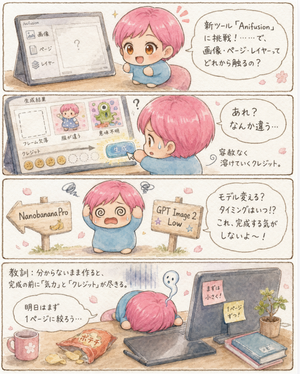 AI Manga Tool Struggle Comic — Goal: Create a soft watercolor-style vertical 4-panel diary manga about struggling to learn a new AI…