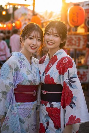 Two Friends in Yukata at Summer Festival AI image template preview