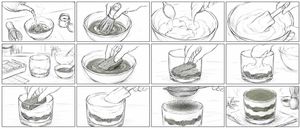 Matcha Tiramisu Anime Storyboard — Goal: Create an ultra-rough pencil storyboard for a {argument name="video duration" default="9-secon…