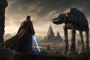 McQuarrie Style Jedi Scene — {argument name="場所" default="古代の惑星"}に立つ{argument name="スタイル" default="マクォーリ風"}のジェダイとAT-AT、シネマティックな大気。