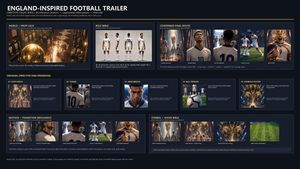 Cinematic Football Trailer Visual Bible — Create a square director visual bible for an England-inspired cinematic football knockout trailer. The output should l