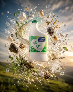 Floating Almarai Milk Splash Ad — Create a cinematic premium dairy advertising image centered on a single floating {argument name="product" default="Almarai ful