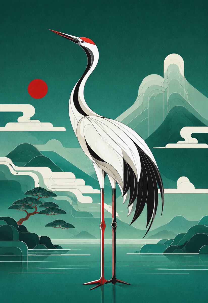 Geometric Red-Crowned Crane Poster