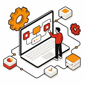 Isometric Workflow Automation Illustration — Create a clean isometric corporate website illustration on a white background, showing a stylized laptop at the cen